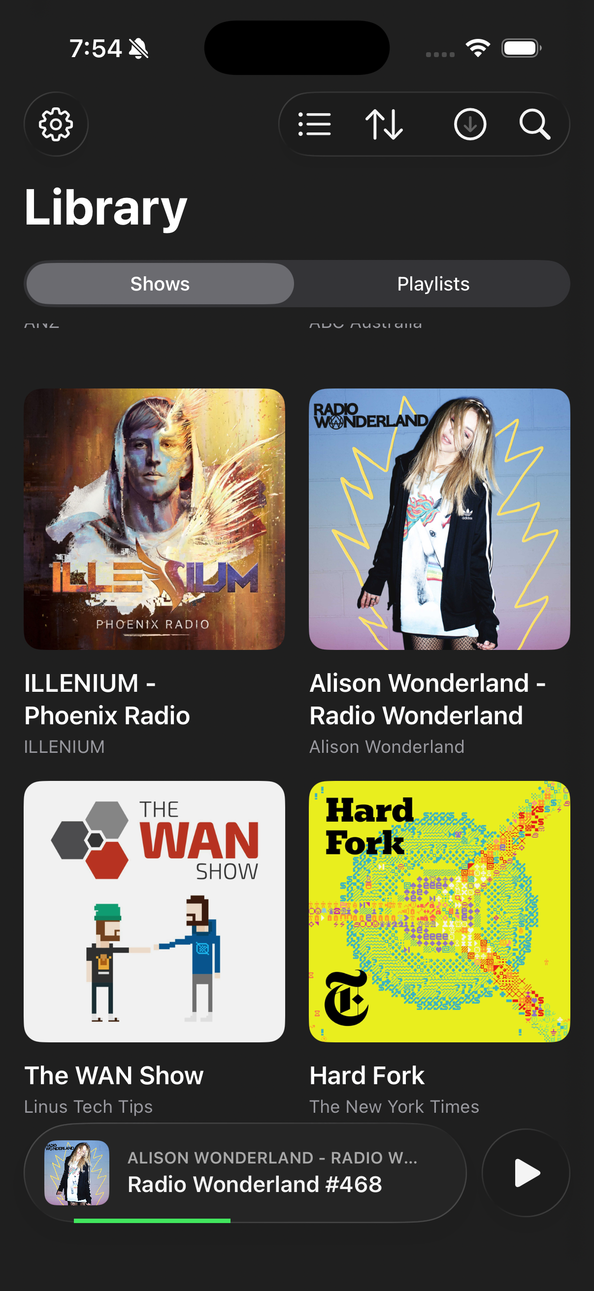 PodMeister Library screen with glass controls, show artwork, and a mini player.