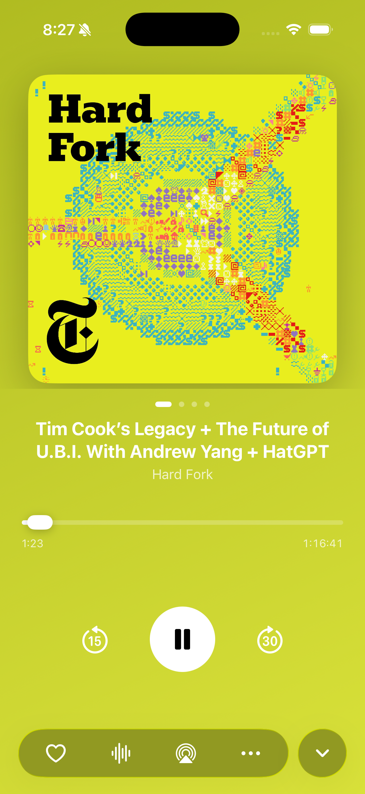 PodMeister player screen with bright artwork-matched controls for a Hard Fork episode.